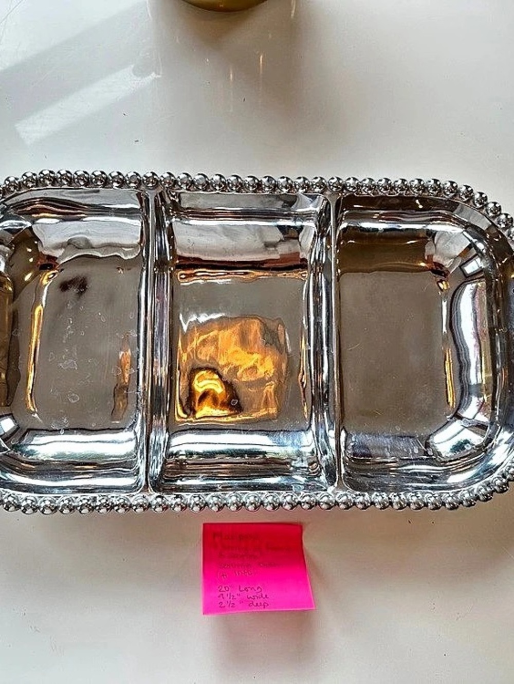 Mariposa String of Pearls 3-Section Server Silver Serving Dish with Handles - L